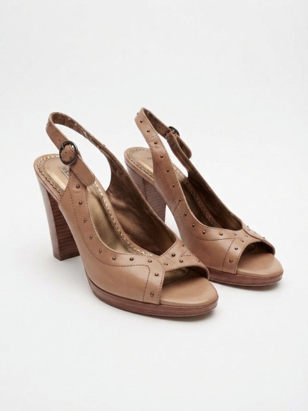 SEYCHELLES - Tan Leather Studded Slingback Block Heels – Size 8.5